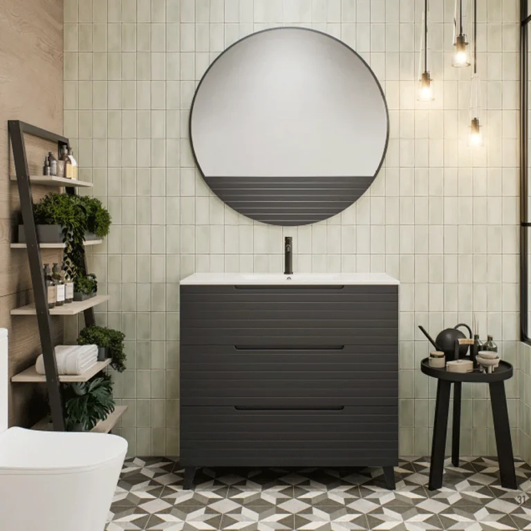 Mueble de baño Paris suspendido con 3 cajones y patas con lavabo porcelanico, en negro con espejo redondo