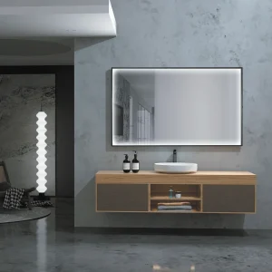 Espejo Ability con luz LED y sistema anti-vaho, instalado sobre mueble de madera