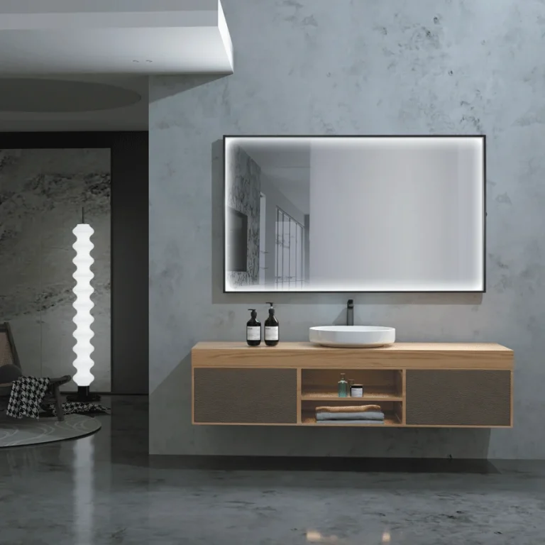 Espejo Ability con luz LED y sistema anti-vaho, instalado sobre mueble de madera