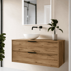 Mueble de baño Apolo con dos cajones suspendido y tapa de melamina para lavabo sobre encimera - Imagen 4