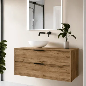 Mueble de baño Apolo con dos cajones suspendido y tapa de melamina para lavabo sobre, en madera, ambientado en baño, vista 4