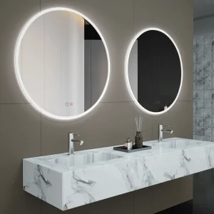 Espejo redondo LED Atenas con marco acrílico totalmente iluminado, ambientado en baño