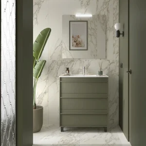 Mueble de baño Attila con 3 cajones y patas a suelo con gran capacidad de almacenamiento, en verde, ambientado en baño