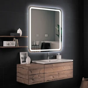 Espejo cuadrado Austria con luz LED frontal fría, ambientado en baño