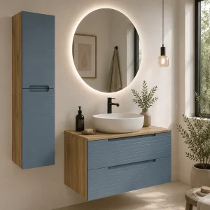 Mueble de baño Roma suspendido con 2 cajones, frontal lacado y tapa de melamina, en azul, ambientado en baño