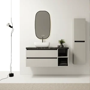 Mueble de baño suspendido Bahía 100 cm con lavabo sobre encimera en color, en blanco y negro con espejo ovalado y columna