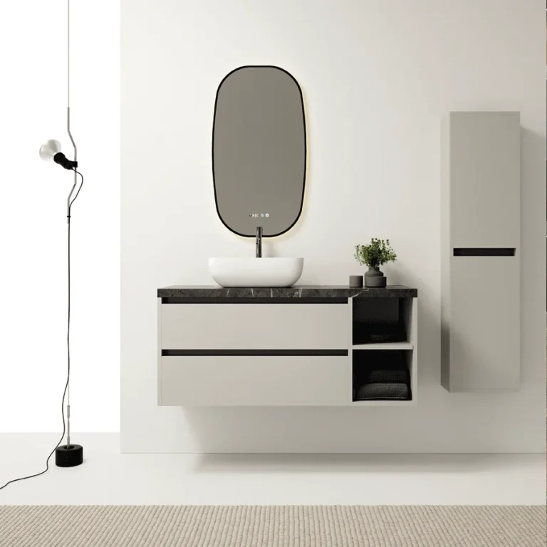 Mueble de baño suspendido Bahía 100 cm con lavabo sobre encimera en color, en blanco y negro con espejo ovalado y columna