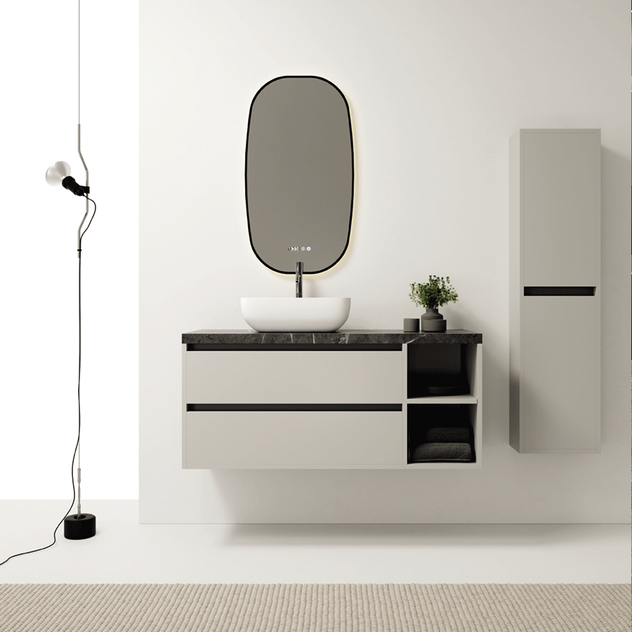 bahia-clacio Mueble de baño suspendido Bahía 100 cm con lavabo sobre encimera en color calcio - Imagen 1