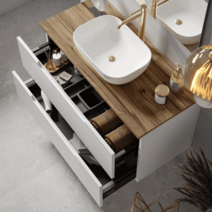 Mueble de baño Paris blanco suspendido con 2 cajones y tapa de melamina para lavabo sobre encimera - Imagen 2