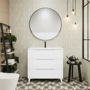 Mueble de baño Paris suspendido con 3 cajones y patas con lavabo porcelanico, en blanco, ambientado en baño