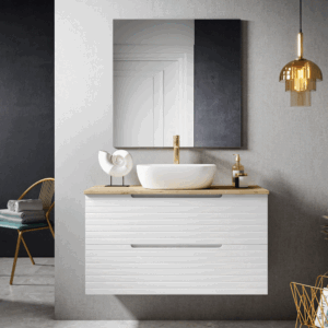 Mueble de baño Paris blanco suspendido con 2 cajones y tapa de melamina para lavabo sobre encimera