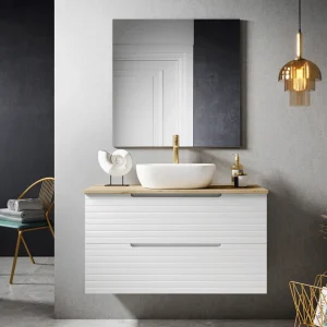 Mueble de baño Paris blanco suspendido con 2 cajones y tapa de melamina para lavabo sobre, con espejo y lavabo sobre encimera