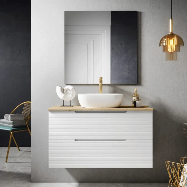Mueble de baño Paris blanco suspendido con 2 cajones y tapa de melamina para lavabo sobre, con espejo y lavabo sobre encimera