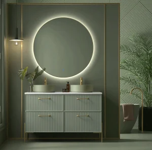 Mueble de baño suspendido o con patas de cuatro cajones con encimera para lavabos, en verde con espejo redondo iluminado
