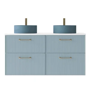 Mueble de baño suspendido o con patas de cuatro cajones con encimera para lavabos, en azul claro