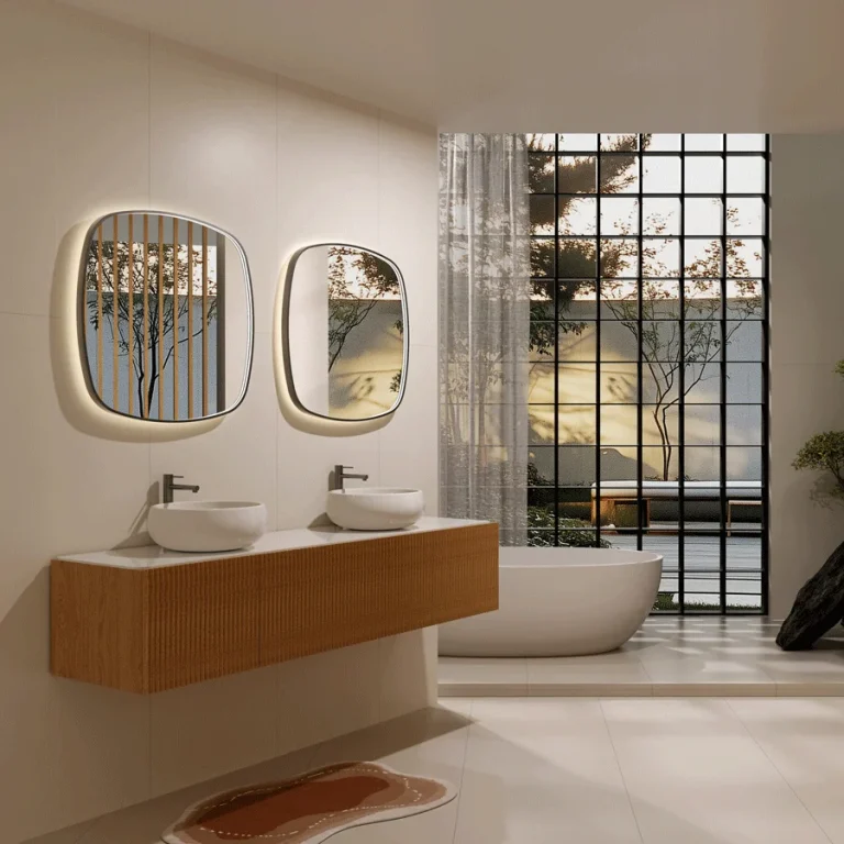 Espejo de baño Catania con luz LED retroiluminada y sensor, con forma orgánica, ambientado