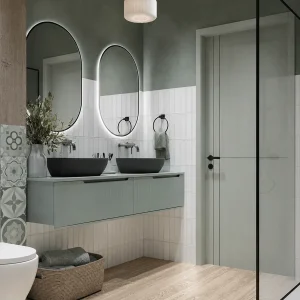 Composición de mueble de baño Chicago suspendido 60 o 120 cm con cajones y tapa lacada, en verde, ambientado en baño