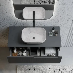 Composición de mueble de baño Chicago suspendido 60 o 120 cm con cajones y tapa lacada, con cajón abierto en negro