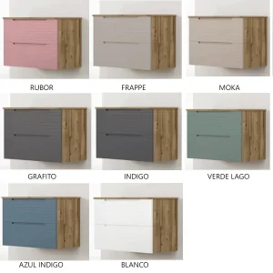 Mueble de baño Roma suspendido con 2 cajones, frontal lacado y tapa de melamina, muestrario de acabados disponibles