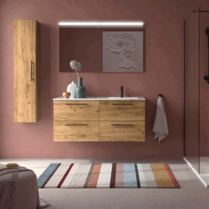 Mueble de baño suspendido Silane con 4 cajones, espejo incluido y lavabo desplazado a izquierda o derecha