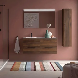 Mueble de baño suspendido Silane con 4 cajones y lavabo desplazado a izquierda, en madera oscura, ambientado en baño