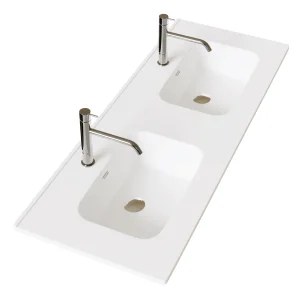 Conjunto de mueble de baño suspendido Bahía 120 cm con doble lavabo en color Cashemere, detalle del lavabo en blanco