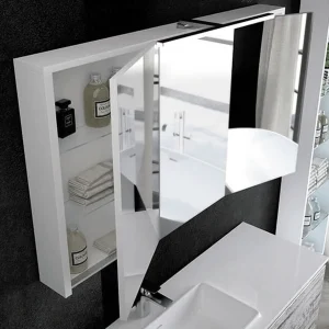 Camerino Córcega tres puertas (tríptico orientable), abierto con estantes interiores, en blanco