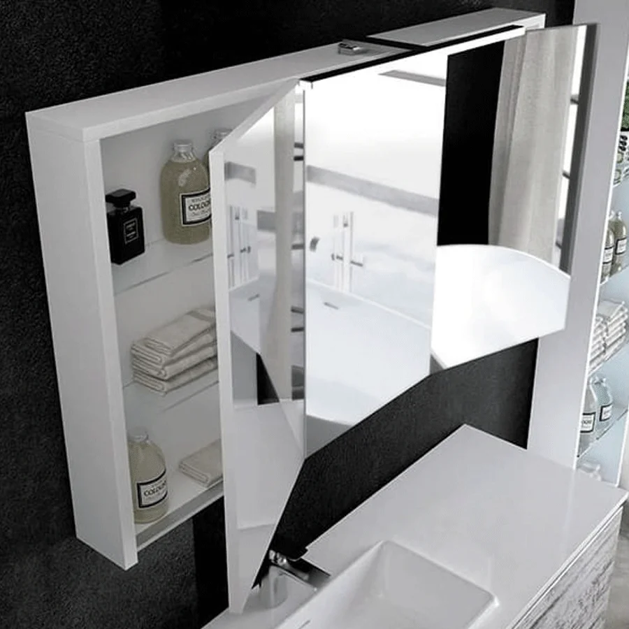 Camerino Córcega tres puertas (tríptico orientable), abierto con estantes interiores, en blanco