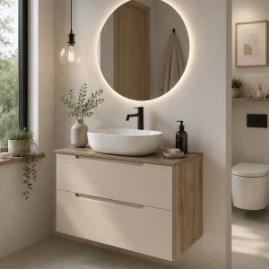 Mueble de baño Roma suspendido con 2 cajones, frontal lacado y tapa de melamina, en blanco con espejo redondo iluminado