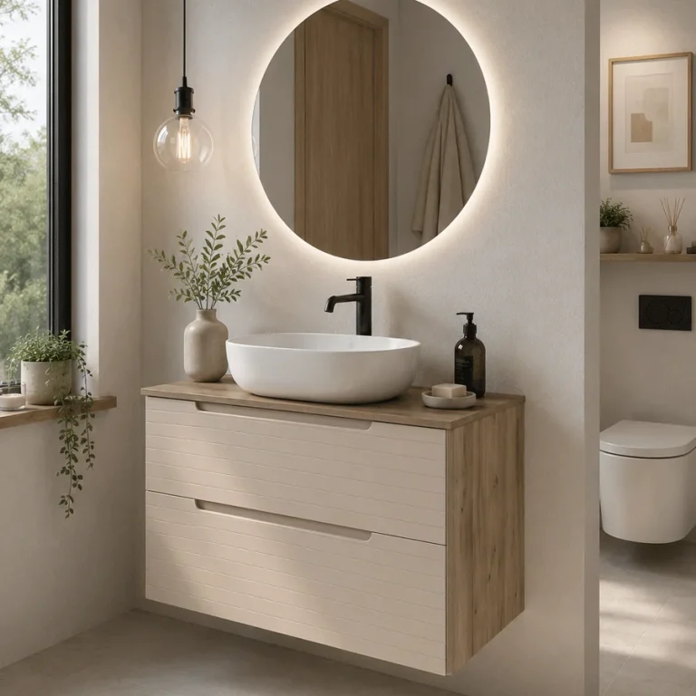 Mueble de baño Roma suspendido con 2 cajones, frontal lacado y tapa de melamina, en blanco con espejo redondo iluminado