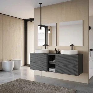 Mueble de baño Miami suspendido con 2 cajones y tapa lacada, en negro, ambientado en baño, vista 6