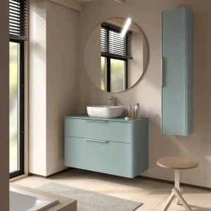 Conjunto de baño Luva con encimera para lavabo sobre encimera, en azul agua, ambientado en baño
