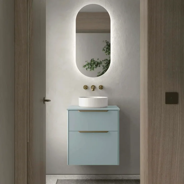 Conjunto de baño Luva con encimera para lavabo sobre encimera, en azul agua con espejo ovalado