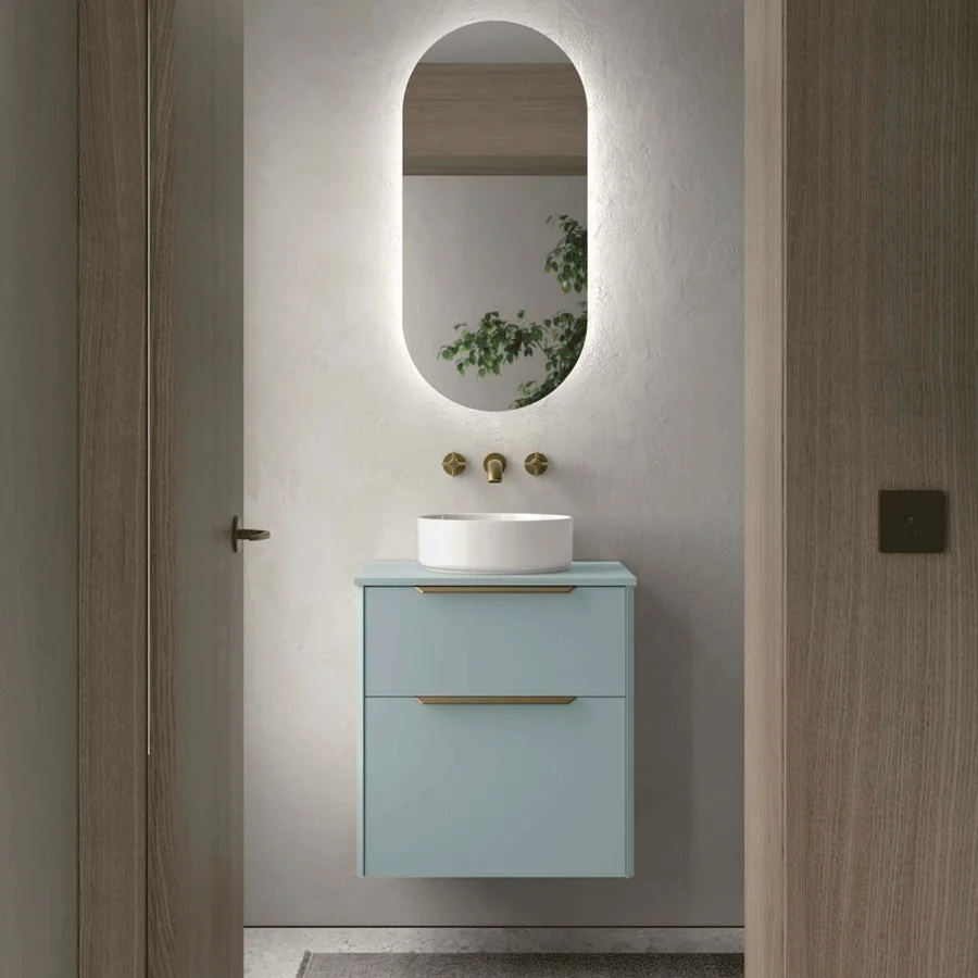 lavabo-encimera-azul2 Conjunto de baño Luva con encimera para lavabo sobre encimera, en azul agua con espejo ovalado