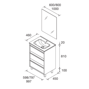 Mueble de baño Attila con 3 cajones y patas a suelo con gran capacidad de almacenamiento y espejo incluido - Imagen 9