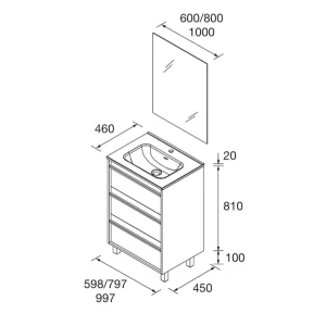 Mueble de baño Attila con 3 cajones y patas a suelo con gran capacidad de almacenamiento y espejo incluido, plano con medidas