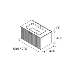 Mueble de baño Biba con un cajón y lavabo porcelánico, plano con medidas