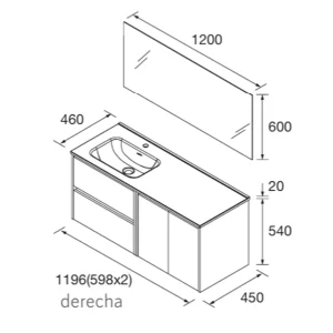 Conjunto de baño Noja 120 cm con 2 cajones, 2 puertas, lavabo desplazado y espejo incluido, plano con medidas
