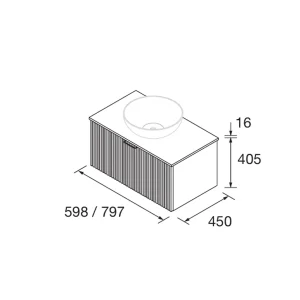 Conjunto de baño Biba con 2 cajones y encimera para lavabo sobre encimera, plano con medidas, vista 7