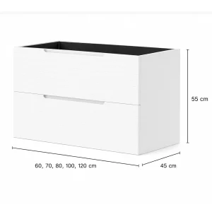 Mueble de baño Paris blanco suspendido con 2 cajones y tapa de melamina para lavabo sobre encimera, plano con medidas