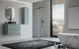 Mueble de baño Miami suspendido con 2 cajones y tapa lacada, en verde, ambientado en baño, vista 8