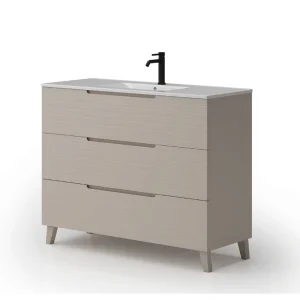 Mueble de baño Paris suspendido con 3 cajones y patas con lavabo porcelanico, en beige