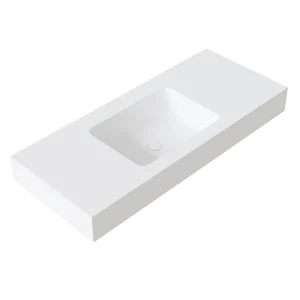 Conjunto mueble de baño suspendido Bahía 100 cm con lavabo Nerea color Arguilla, detalle del lavabo en blanco