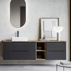 Mueble de baño Roma suspendido con 2 cajones, frontal lacado y tapa de melamina, en negro, ambientado en baño, vista 9