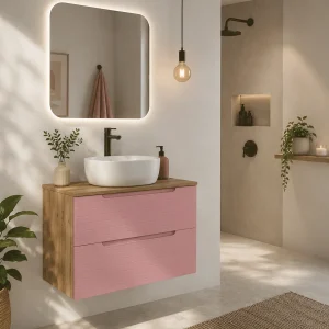 Mueble de baño Roma suspendido con 2 cajones, frontal lacado y tapa de melamina, en rosa, ambientado en baño