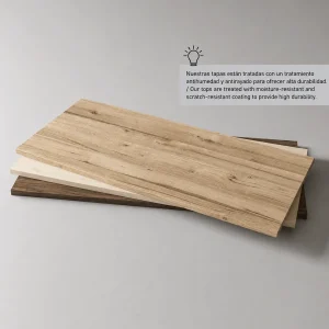 Mueble de baño Paris blanco suspendido con 2 cajones y tapa de melamina para lavabo sobre, detalle del acabado en madera