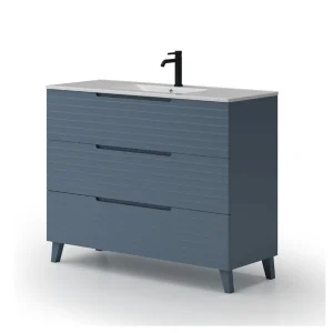 Mueble de baño Paris suspendido con 3 cajones y patas con lavabo porcelanico, en azul