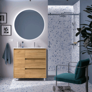 Mueble de baño Noja con 3 cajones, 1 puerta, lavabo desplazado y patas cromadas - Imagen 9