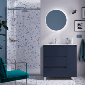 Mueble de baño Noja con 3 cajones, 1 puerta, lavabo desplazado y patas cromadas - Imagen 2