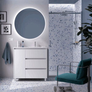 Mueble de baño Noja con 3 cajones, 1 puerta, lavabo desplazado y patas cromadas - Imagen 3